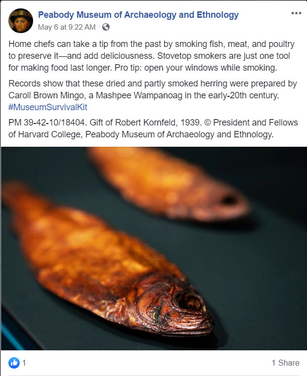 Screen capture of a Facebook post about 100 year old smoked red herring.